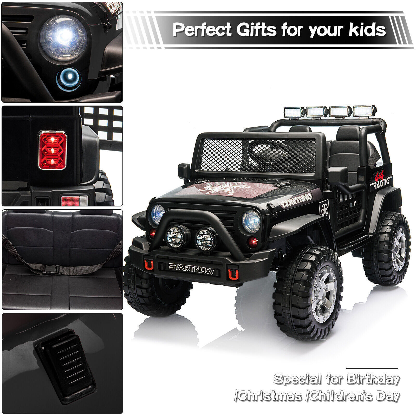 Dazone 12V Kids Ride on Jeep Car, Electric 2 Seats Off-road Jeep Ride on Truck Vehicle with Remote Control, LED Lights, MP3 Music, Black - image 3 of 8