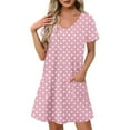 thumbnail image 2 of Women Dresses Summer Plus Size Short Sleeve V-Neck Casual Polka Dot Midi Shift Dresses Beach Sundresses Pink M, 2 of 8