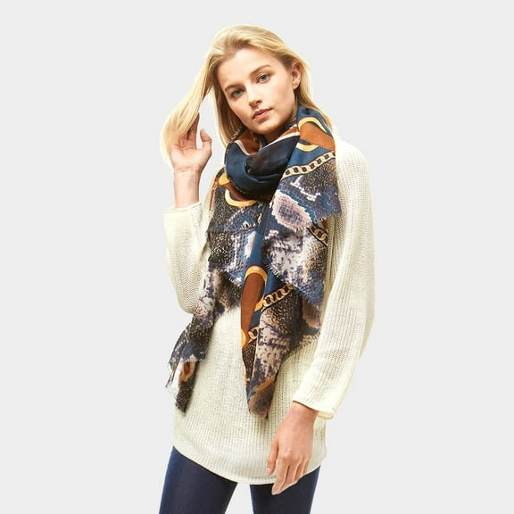 Orange, pink, green, taupe, blue multi colored snake skin and chain print scarf