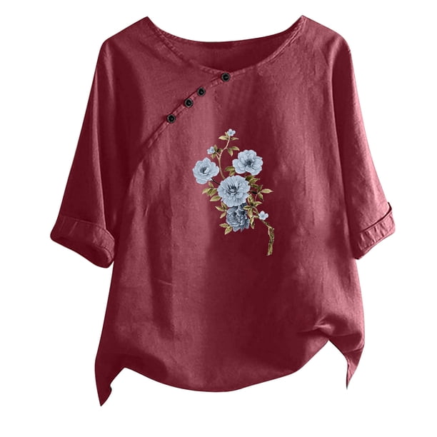 Blusas de Manga Corta para las Mujeres Impreso Cuello Redondo Camiseta, Top de Algodón de Imitación Casual para el Hogar Y Diario