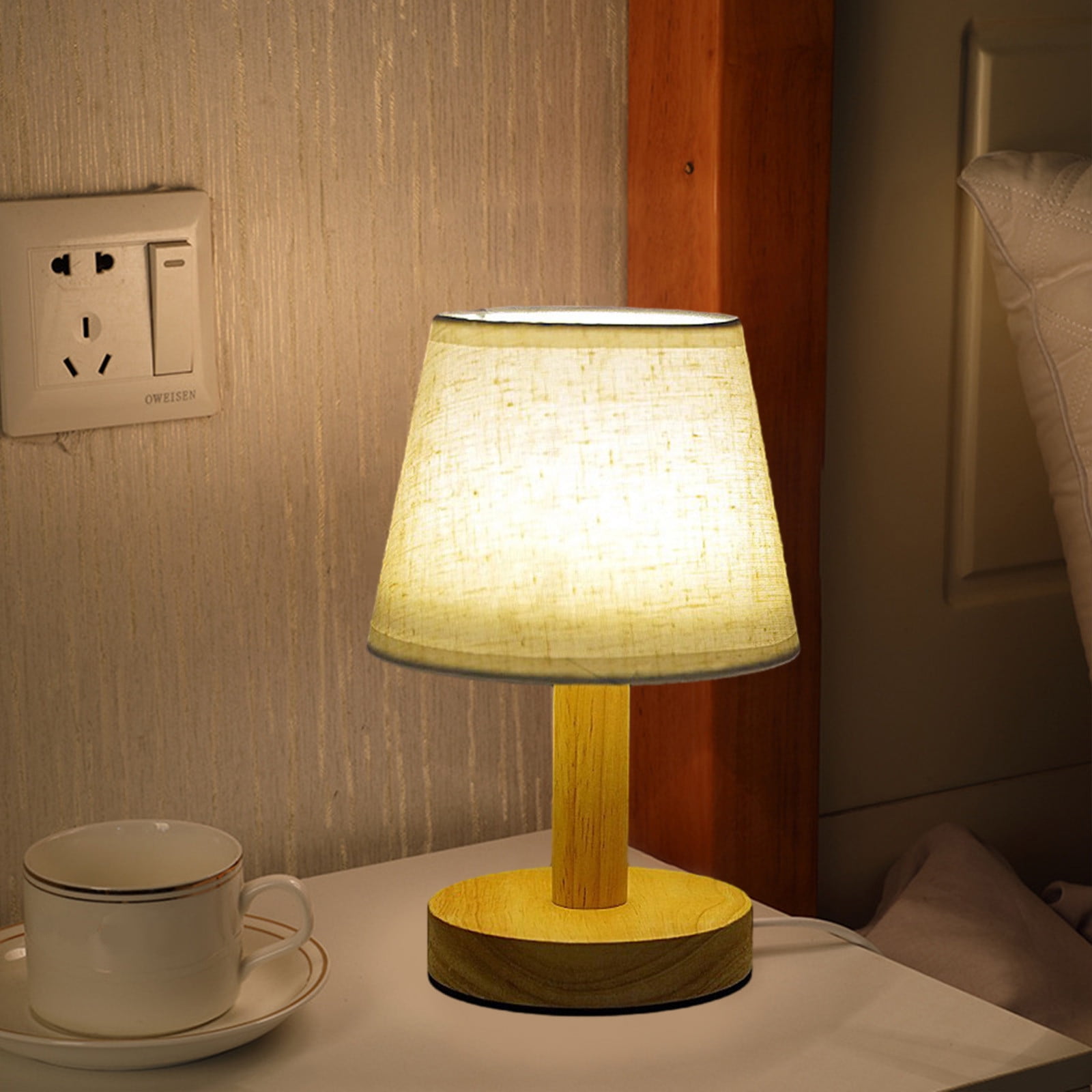 100Fens Small Table Lamp,Bedside Table Lamp,Wooden Bedside Lamp Simple Bedroom Lamp Linen Shade Mini Desk Lamp Night Light Nightstand Lamp for Bedroom,Living Room,Kids Room