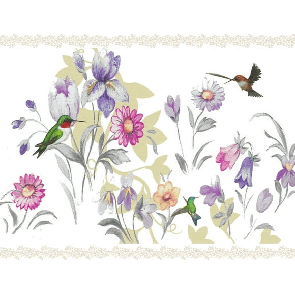Dundee Deco's Peel and Stick Wallpaper Border - Floral Purple, Cream, Pink Flowers, Hummingbird Wall Border Retro Design, 15 ft x 7 in (4.57m x 17.78cm), Self Adhesive