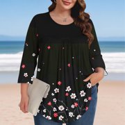 Xdegoge Plus Size Womens Clothes Plus Size Tops Oversized T Shirts Summer Boho T-Shirts Crew Neck 3/4 Sleeve Ladies Tops Summer Loose Fit Fashion Blouses Or