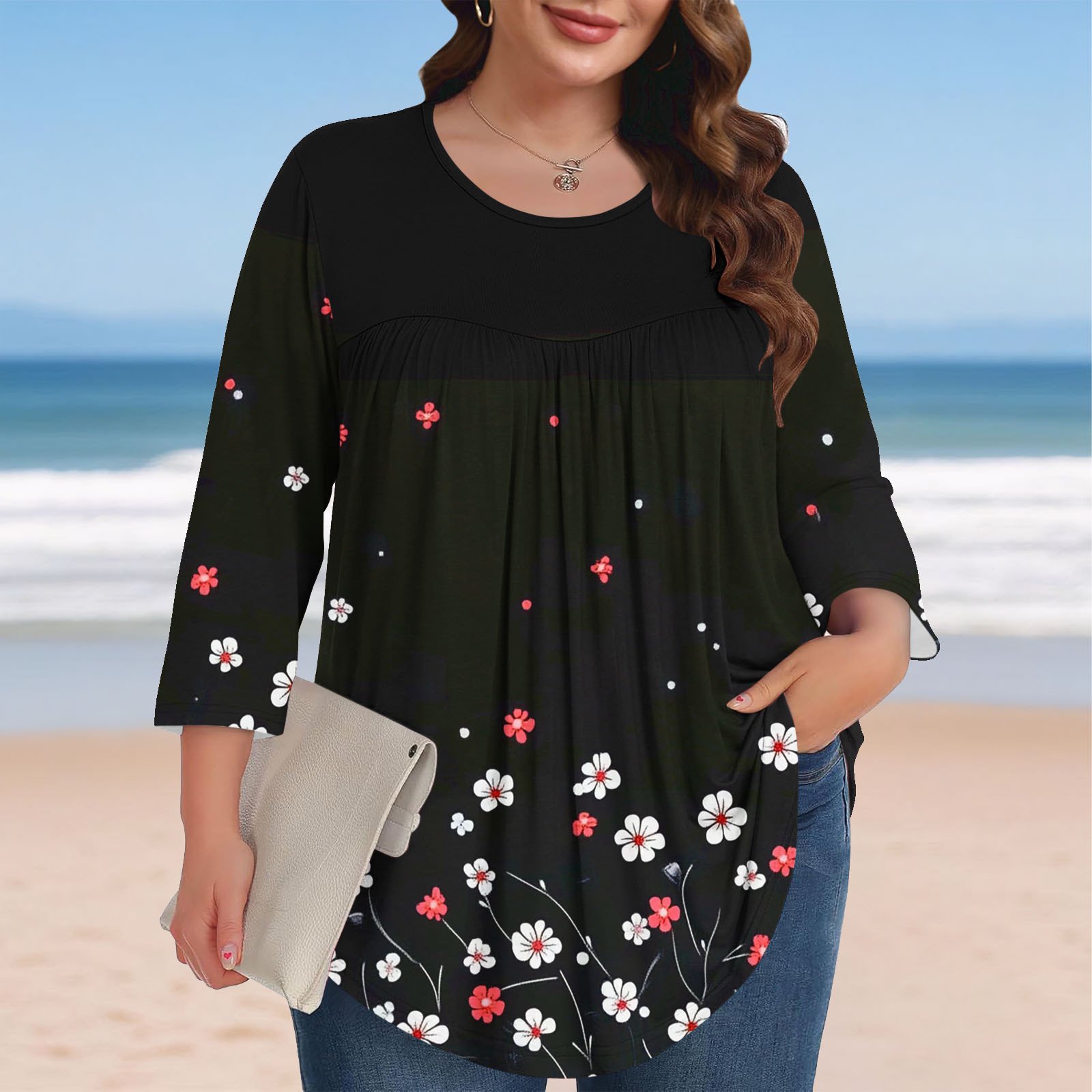 Xdegoge Plus Size Womens Clothes Plus Size Tops Oversized T Shirts Summer Boho T-Shirts Crew Neck 3/4 Sleeve Ladies Tops Summer Loose Fit Fashion Blouses Or