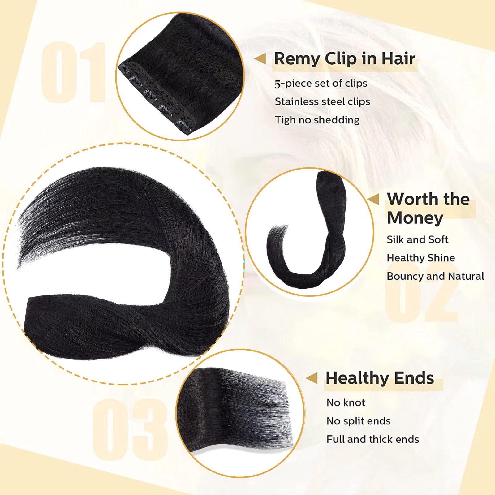 MY-LADY 10''-24'' 5 Clips in Human Hair Extensions Thick Real Natural Hair Pieces 100% Full Head Remy Hair 10inch #01 Jet Black（Thin）