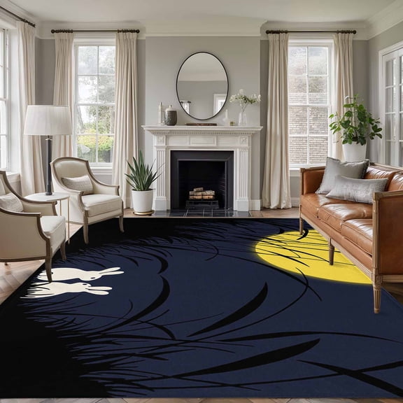 Yellow Moonligh Area Rugs 8'x10', Washable Small Throw Rugs for Living Room Patio, Pastoral Rabbit Leaves Silhouette Indoor Outdoor Rug Non-Slip Low Pile Carpet Runner Reversible Floor Mats