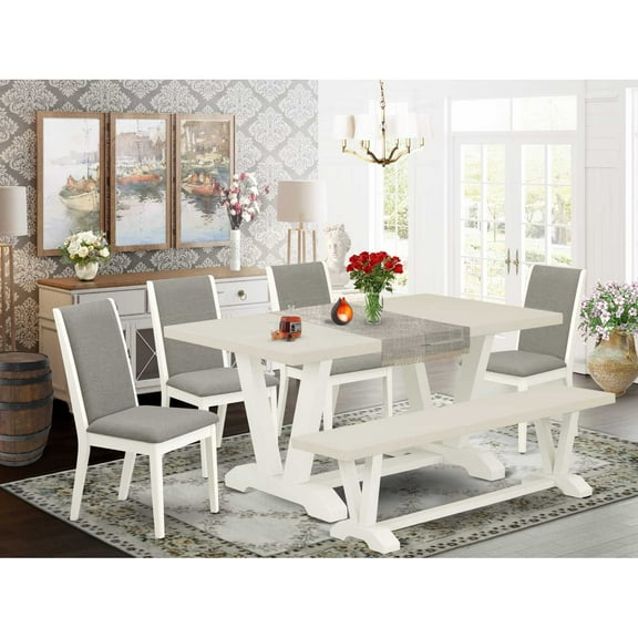 East West Furniture V026LA206-6 6-Piece Stylish Modern Dining Table Set an Outstanding Linen White Dining Room Table Top and Linen White Wooden Bench Indoor and 4 Awesome Linen Fabric Padded...