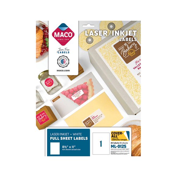 Maco Laser/Ink Jet White Cover-All Etiquetas De Hoja Completa 8-1/2"" X 11"" 1 Por Hoja 25 Por Paquete (Ml-0125)