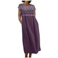 thumbnail image 2 of Meichang Robes Fluides en Coton et Lin pour Femmes Manches Courtes Col Rond Coupe Ample Robes Midi d'Été Imprimé Rétro Décontractées Longues Robes Robes en Lin pour Femmes 2024 Bordeaux TTG, 2 of 5