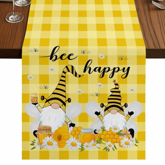 Table Runners 36 Inches Long Dress Scarves, Yellow Bees Gnomes Farmhouse Kitchen Table Runner, Short Coffee Tablerunners, Spring Floral Plaid Farmhouse 13x36 Inch
