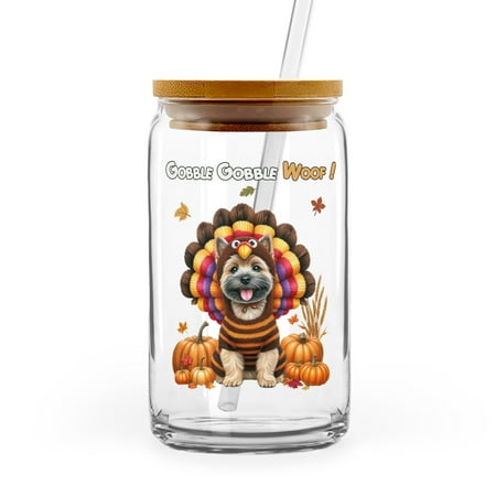 Happy Thanksgiving Cairn Terrier Turkey Costume Pumpkins Autumn Leaves 16oz Glass Cup Mug Cairns Dog Lover Glass Can with Bamboo Lid and Straw - 130144
