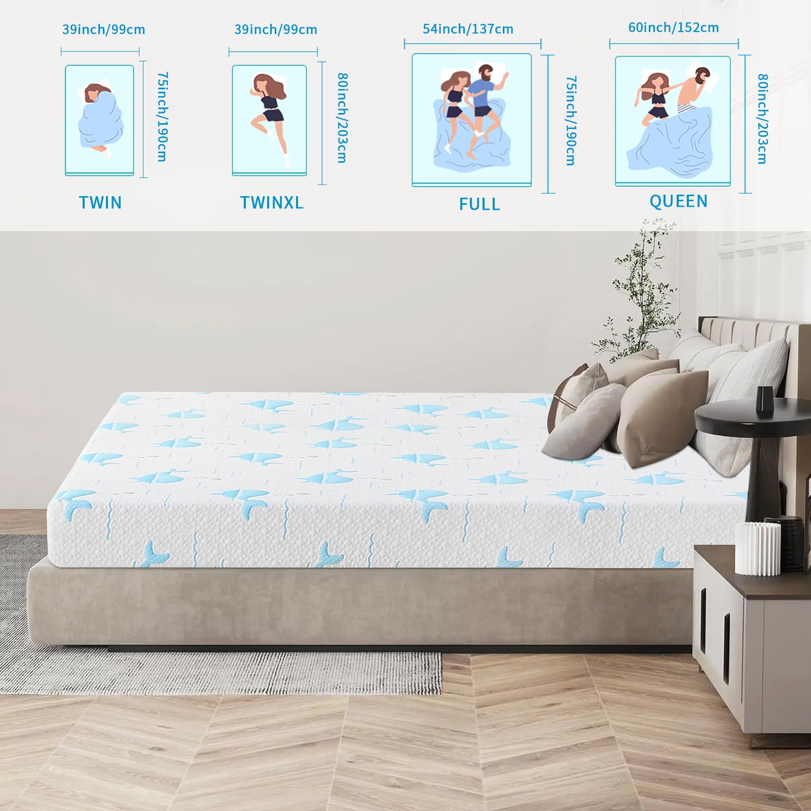 6 Inch Twin Mattress for Kids, Removable Washable Cover with Whales Pattern Cooling Memory Foam Medium Feel, Bed-in-a-Box, CertiPUR-US Certified, Twin, White/Blue