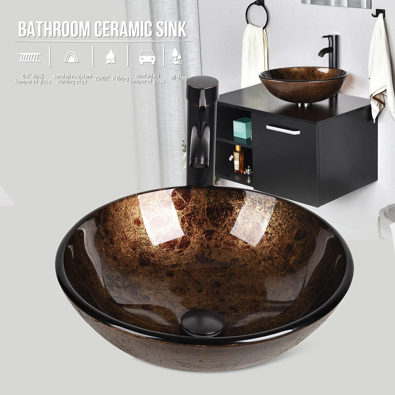 FULLWATT Tempered Glass Container Sink Vanity Bowl Chrome Faucet Pop Up Drain Clear