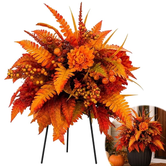 Autumn Harvest Floral Garden Stake Arrangement, Realistic Lush Faux Flowers for Porches, Gardens and Yards