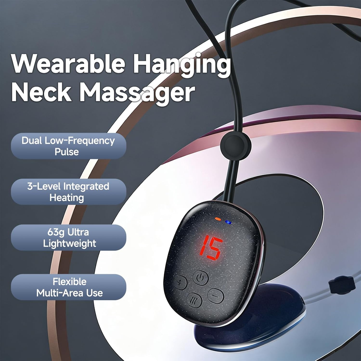 Hanging Pendant Neck Massager, Portable Cervical Massager with Heat, 5 Modes 15 Intensity, Rechargeable for Home Travel