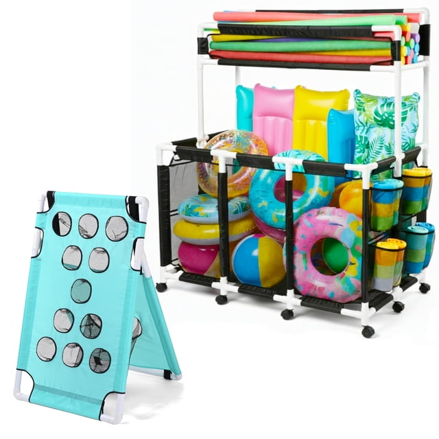 Yescom 270 Gallon Pool Float Storage Bin with Portable Bean Bag Toss Game Cornhole Board Set