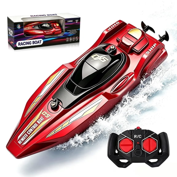 Funtogether High Speed Remote Control Boat for Pools and Lakes, 2.4GHz Waterproof RC Speedboat with Dual Motors, Red
