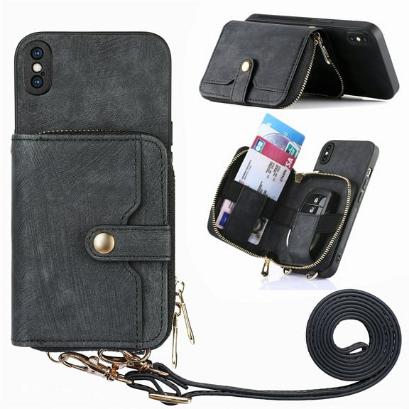 Wallet Case Compatible with iPhone X/XS, Classic PU Leather Zipper Pocket Car Key / Cash / Coin / Card Slots Shoulder Strap Kickstand Back Case for iPhone X/XS, Black
