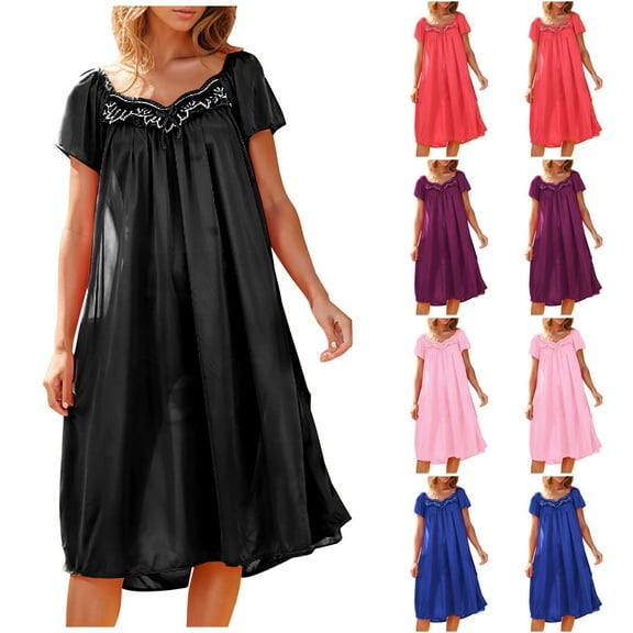 Goodtrade8 Womens Ice Slik Nightgown Short Sleeve Summer Pajamas Dress Sleepwear Soft Sleep Shirts Cozy Crew Neck Lace Night Gowns for Ladies House