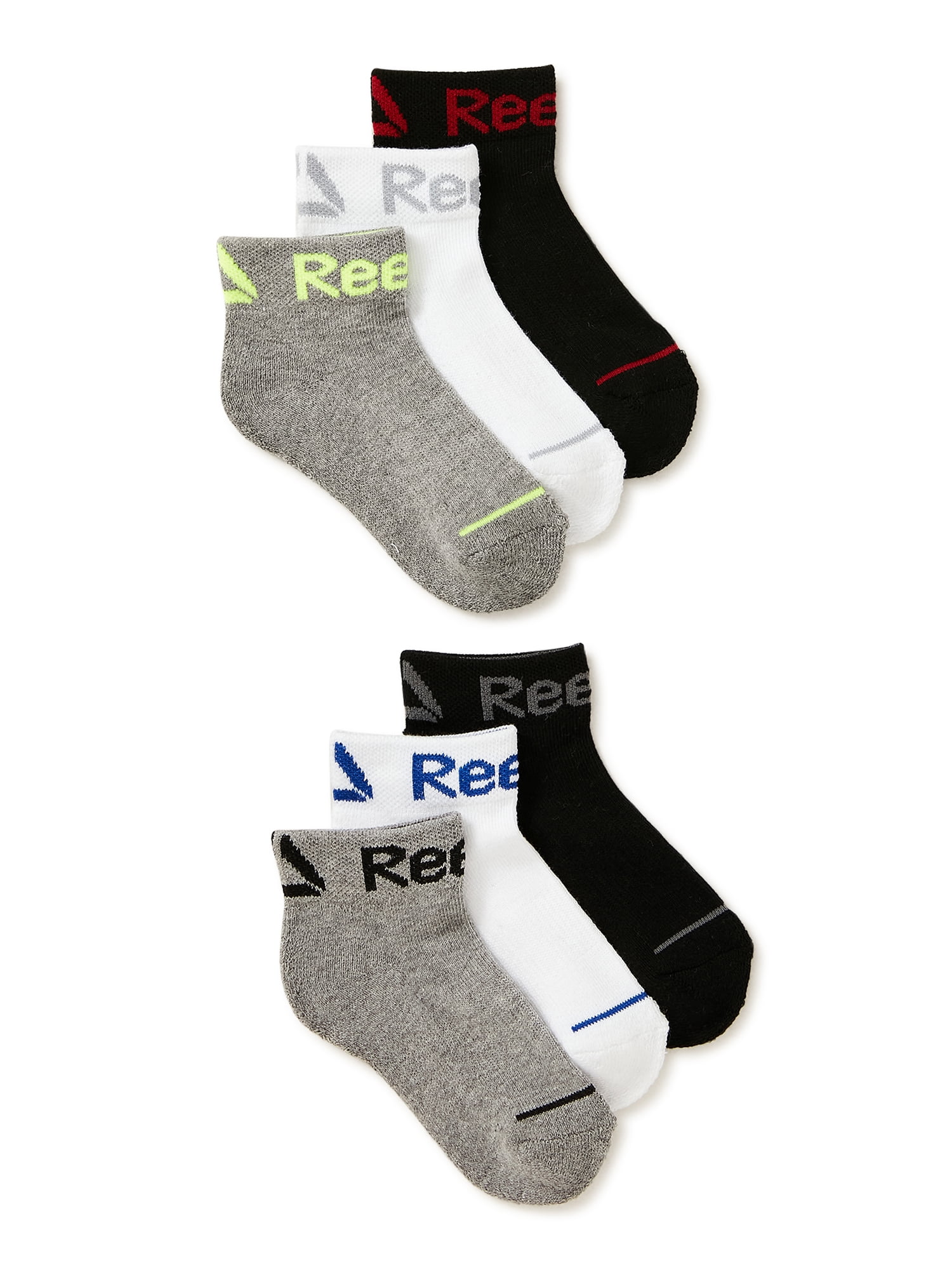 Youth Boy's 6-Pair Reebok Quarter Cut Performance Socks Black & Grey Choose Size 