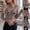 Grey, variant on Womens Business Tops Leopard Print Mesh Ruffle Trim Ted Stretch Womens Blouse,Grey,2XL