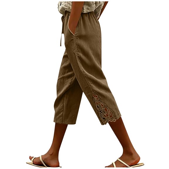 Kezqiaxn Capris Pants for Women Summer Lace Elastic Waist Loose Cropped Pants with Pockets Womens Capri Pants