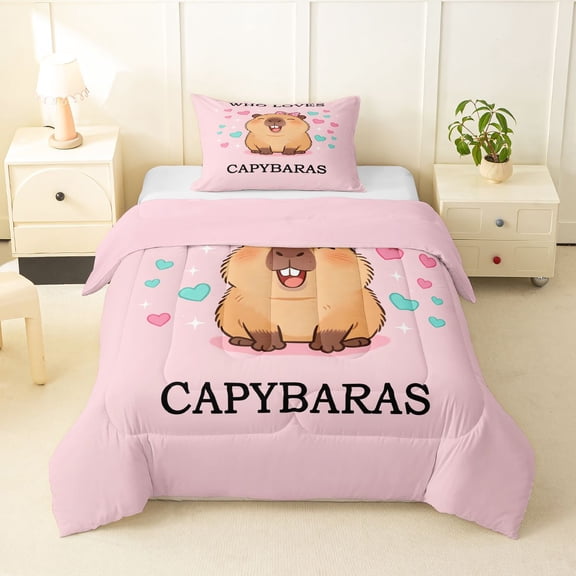Manfei Kawaii Capybara Twin Comforter Sets,Lovely Letter Print Bedding Set,Light Pink,Pink Reversible,2-Piece,1 Comforter and 1 Pillowcase