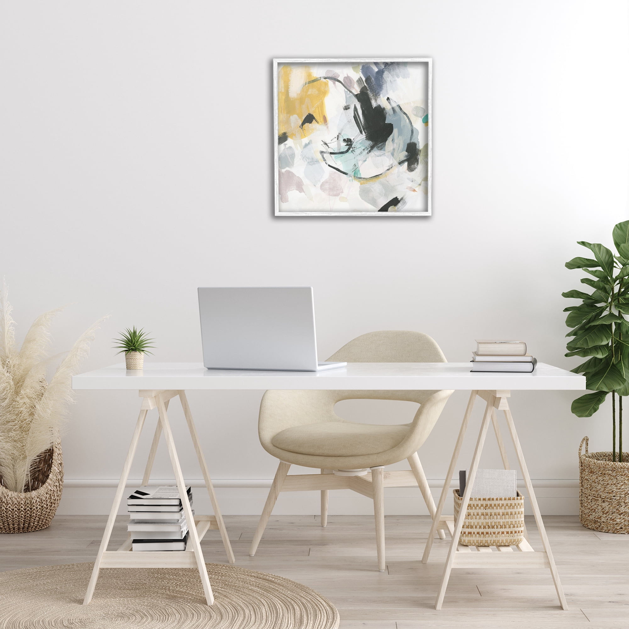 Stupell Industries Yellow & Neutral Abstraction Abstract Painting White Framed Art Print Wall Art, 24 x 24