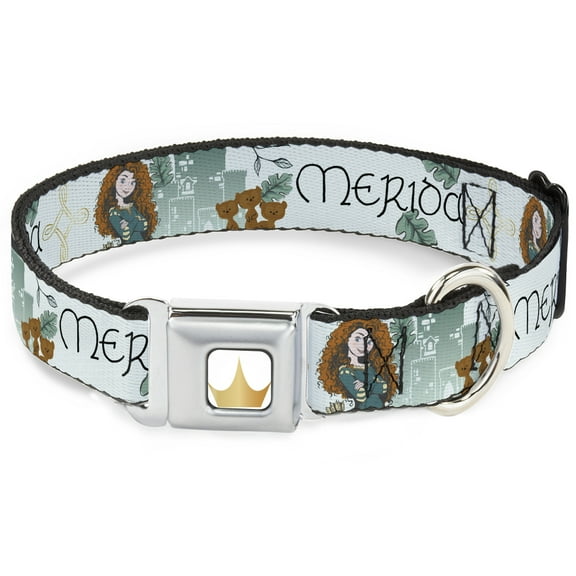 Disney Pet Collar, Dog Collar Metal Seatbelt Buckle, Brave Merida Castle and Three Bear Brothers Pose with Script, 9.5 to 13 Inches 1.0 Inch Wide