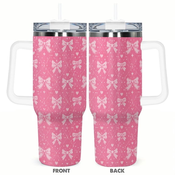 40oz Pink Bow Tumbler Insulated Car Cup Coquette Heart Travel Coffee Cup Gift for Women