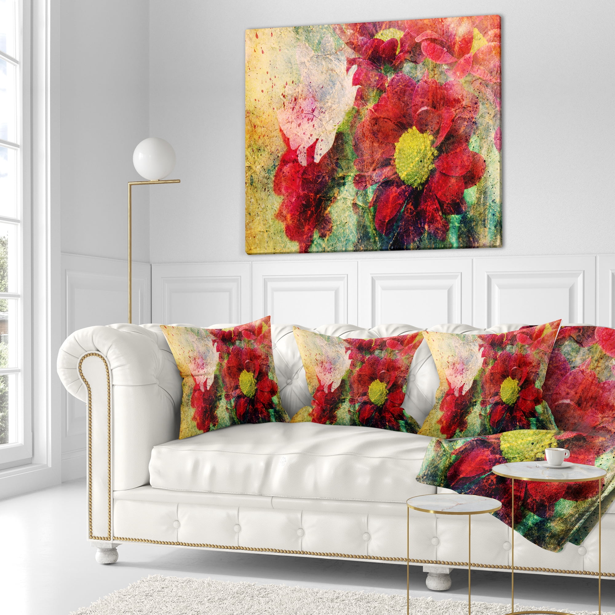 Designart Red Flowers and Watercolor Splashes - Flower Throw Pillow - 18x18