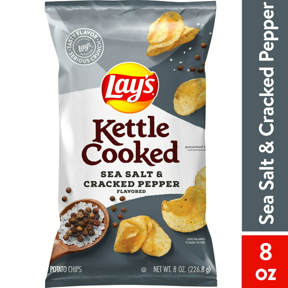 Lay's Kettle Sea Salt & Cracked Pepper Cooked Potato Chips, 8 oz Bag