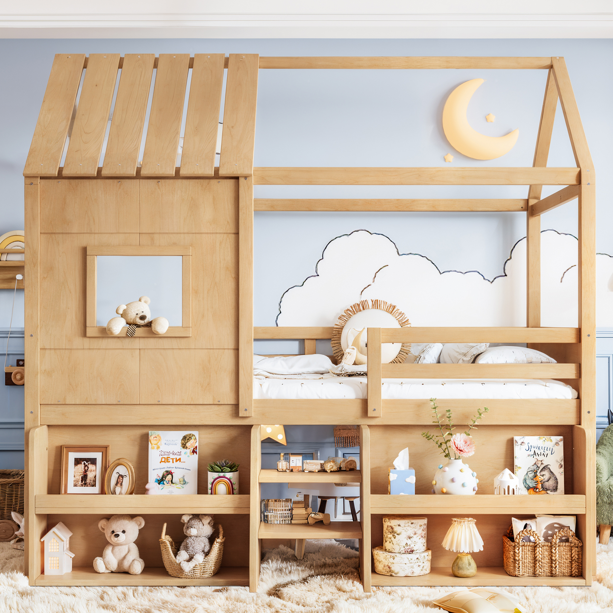 Leumius Twin Size Loft Bed with Storage Shelves and Stairs, House Loft Bed with Playhouse Shape Roof and Window, Childlike and No Box Spring Needed Design, Natural