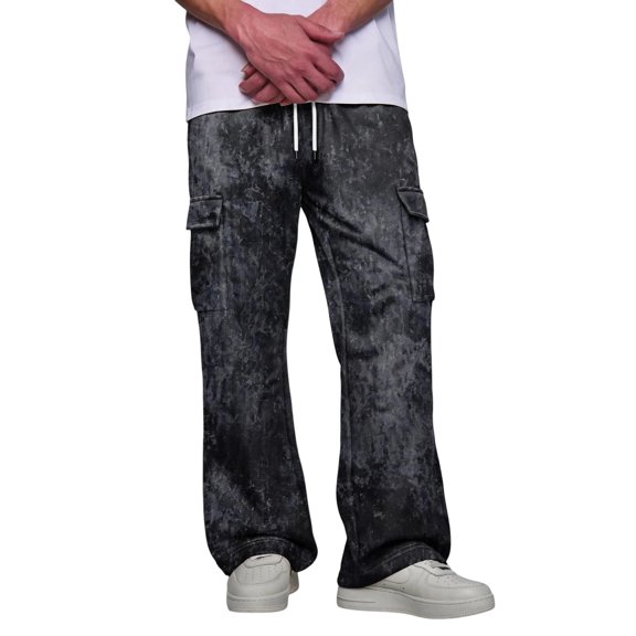 Relaxed Fit Cargo Pants For Men Tie‑Dye Print Wide Leg Long Trousers Elastic Drawstring Waist Casual Work Pants
