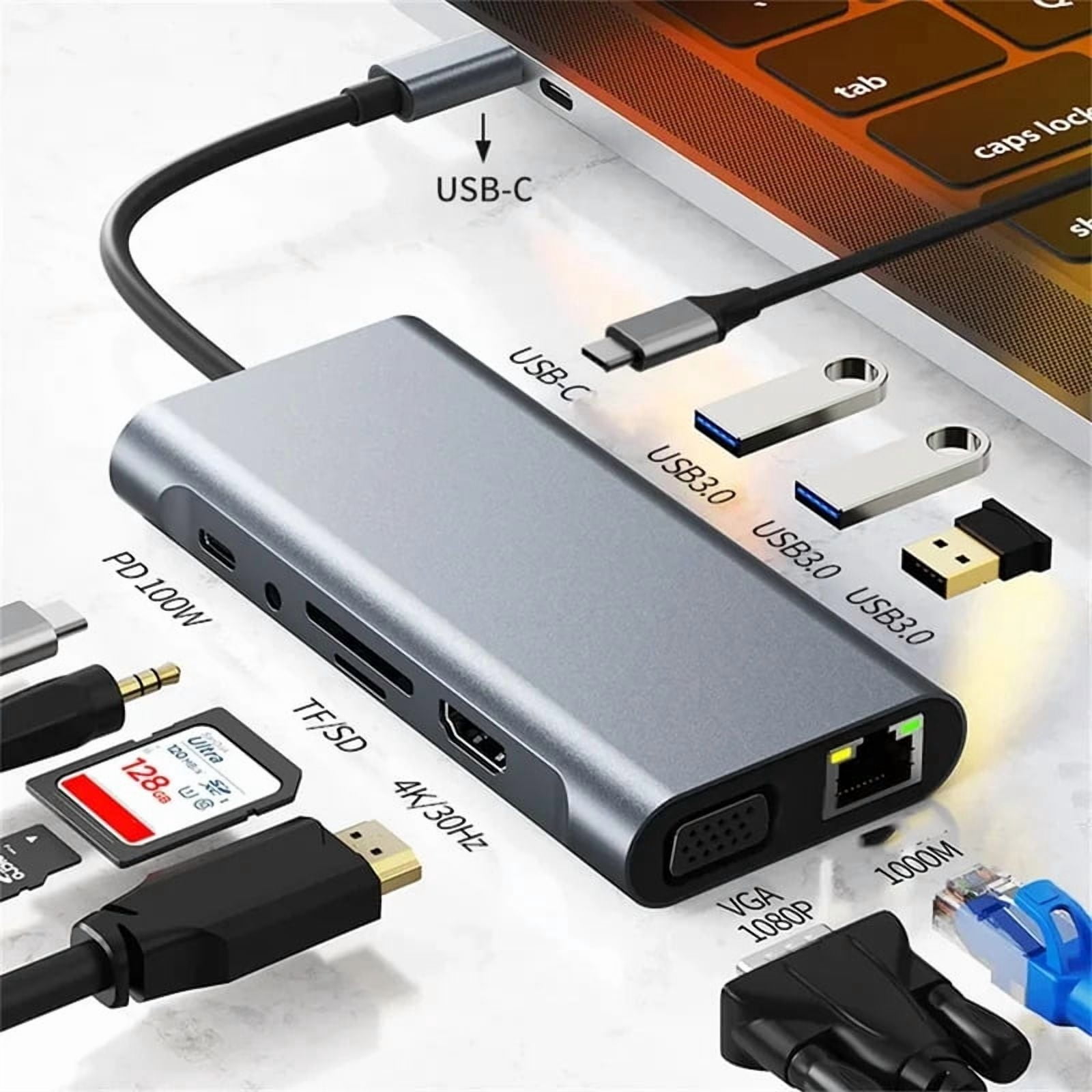 USB C HUB, USB C Adapter 11 in 1 Dongle with 1000Mpbs lan 4K HDMI, VGA, C Type PD, USB3.0, RJ45 Ethernet, SD/TF Card Reader, 3.5mm AUX, Docking Station Compatible