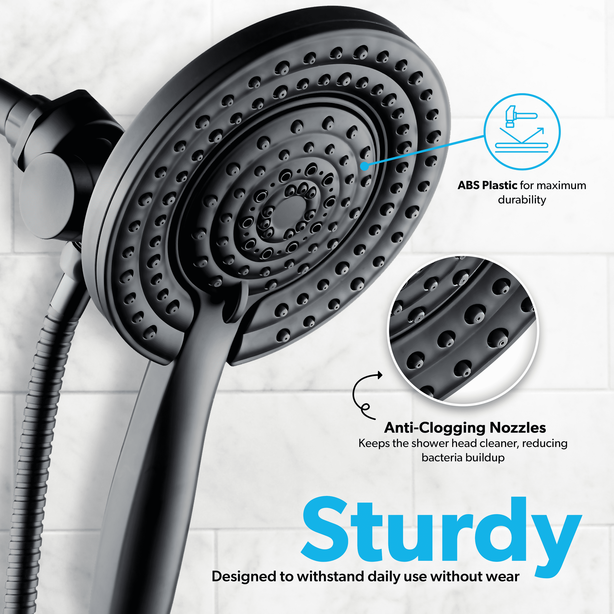 BLACK+DECKER Dual Shower Head with 5 Spray Settings and Detachable Wand and Stainless Steel Hose, Black