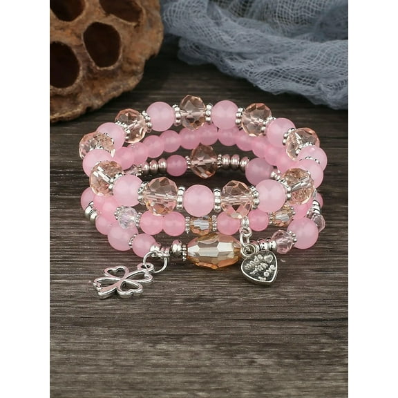 QQTDFG 3pcs Clover Charm Pink Beaded Bracelet Women Bracelet Stackable Bracelet Crafted-default