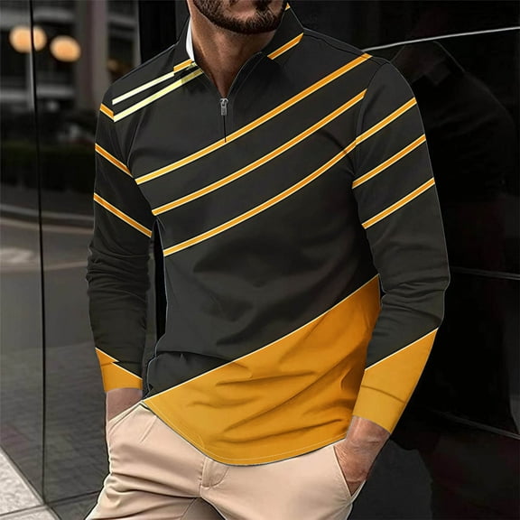 Donemore Men's Fashion Contrast Color Striped Half - Zip Polo Shirt, Long - Sleeve Casual & Business Top, Multi - Color Printed Trendy Design, Comfortable & Versatile Men's Clothing