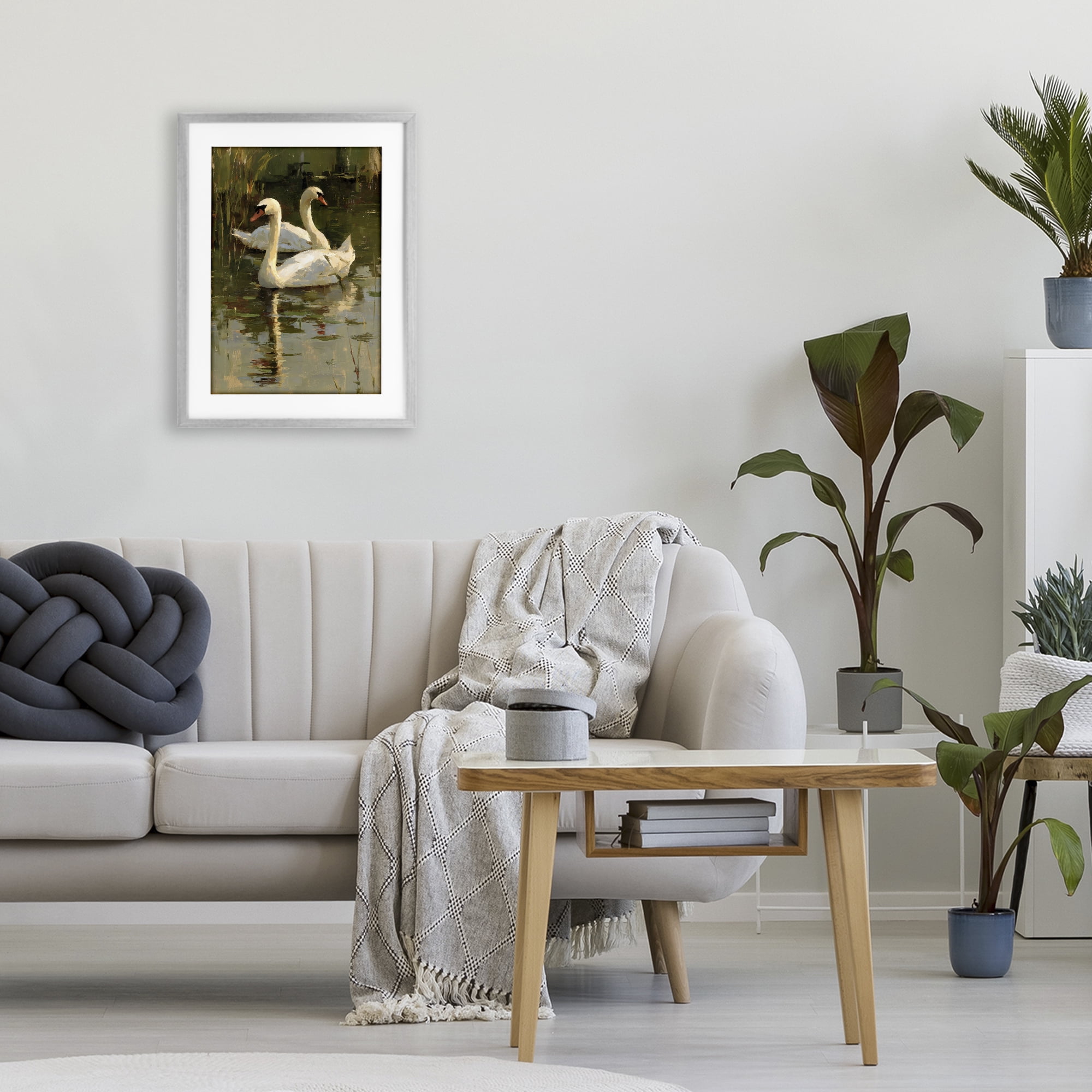 Stupell Industries Swans For A Swim Gray Framed Print Under Glass, design by Petal Prints Design