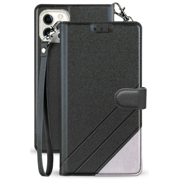 Infolio Wallet Case Credit Card Slot ID Cover, View Stand [with Wrist Strap Lanyard] for Apple iPhone 12 Pro Max (6.7")