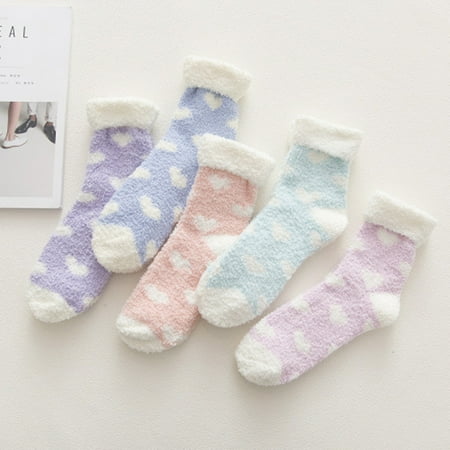 

Winter Cute Women Heart Print Thermal Coral Fleece Middle Tube Home Floor Socks