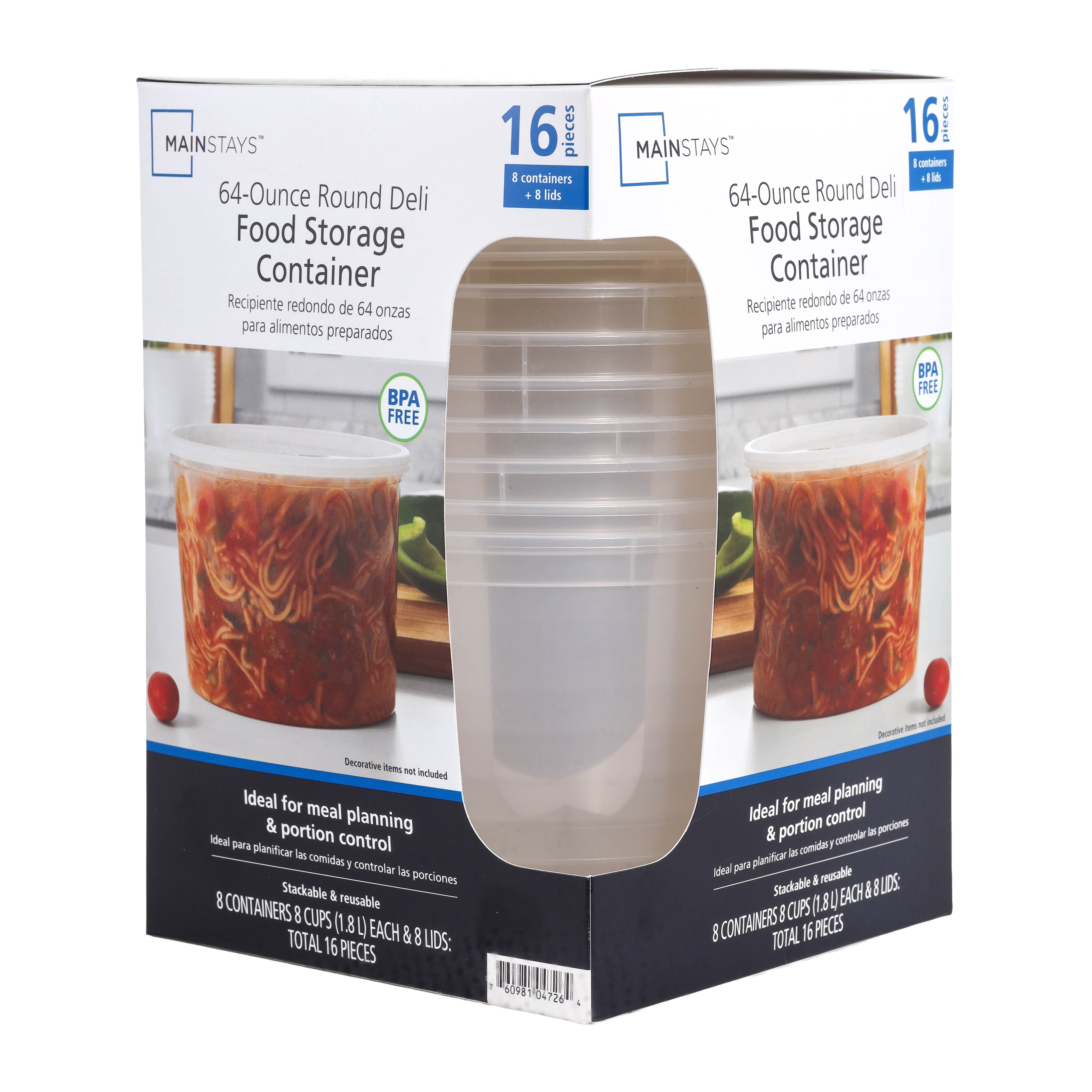 (4 pack) Mainstays 16 Piece 64 oz Plastic Deli Container, Designed to Help with Pantry Storage and Everyday Organization