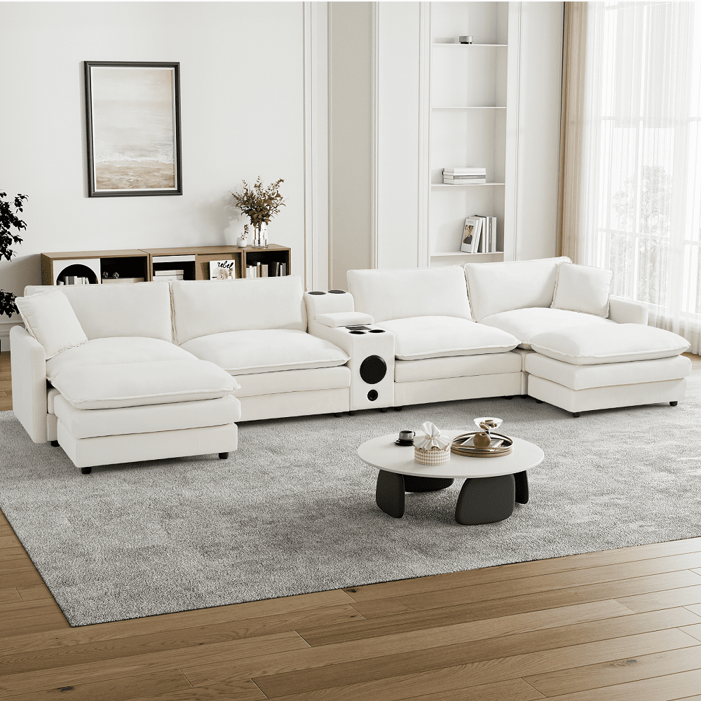 Rophefx 162.6" Modern U Shaped Sectional Sofa, Velvet Deep Seat Cloud Couches with Ottoman, Central Console and Double Layer Cushion