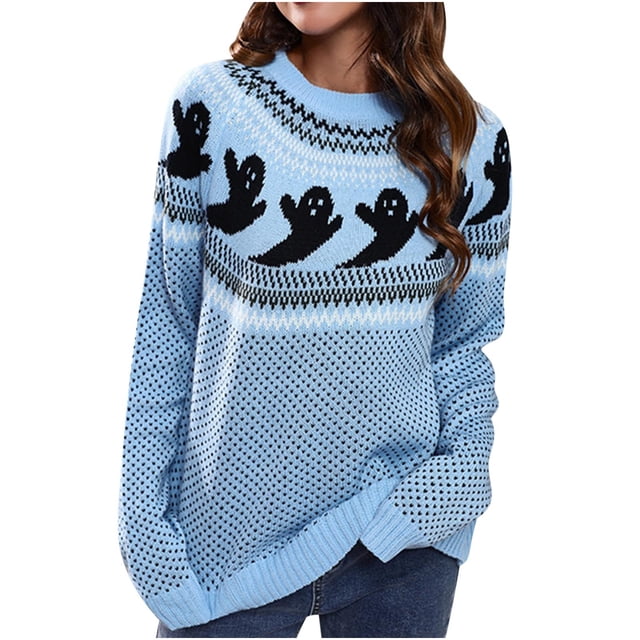 IROINID Rabais T-Shirts à Manches Longues pour Femmes Imprimé Col Rond T-Shirt Blouse Hauts Chandail, Bleu Pâle