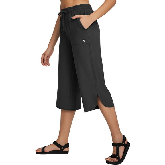 BALEAF Women's Hiking Pants Capri Wide Leg Lightweight Pants Plus Size Sun Protection Quick Dry Casual Sweatpants Walking Black L