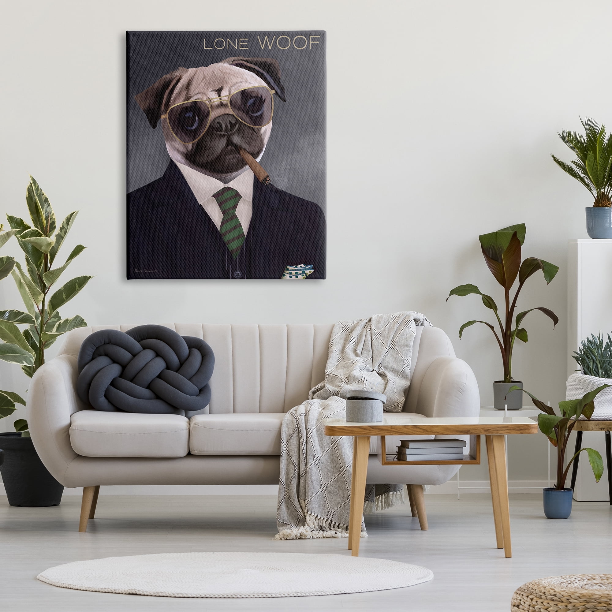 Stupell Industries Lone Woof Pug Dog Smoking Cigar Necktie Graphic Art Gallery Wrapped Canvas Print Wall Art, Design by Diane Neukirch