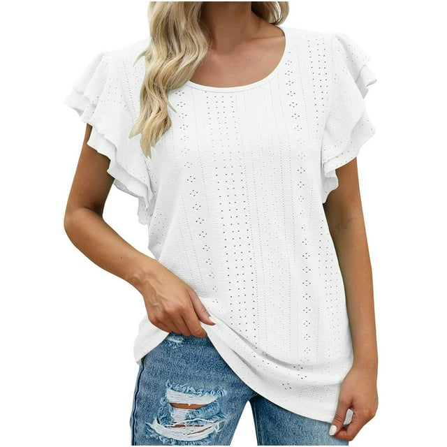 Timegard Womens Tops Eyelet Scoop Neck Ruffle Cap Sleeve Tee Summer Beach Casual Loose Comfy Shirt Tops