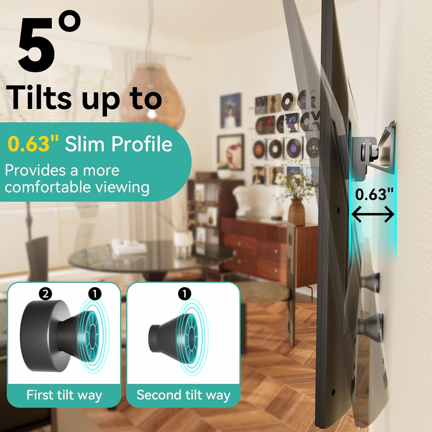 No Drill TV Wall Mount for 22 to 55 inch TVs, Drywall Smart Bracket Tilts Up 5°, Low Profile TVs up 100 Lbs, Fast Install Bedroom, Living Room, Include All Hardware kit