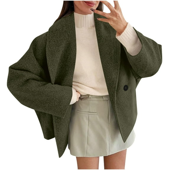 RQYYD Womens Cropped Pea Coats Oversized Wool Blend Short Jackets Lapel Double Breasted Fall Winter Outerwear Outfits