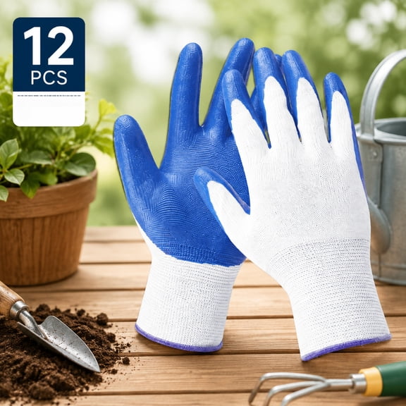 Work Gloves for Men and Women,12 Pairs Seamless Knit PU Coated Safety Gloves, with Smooth Grip on Palm and Fingers, Ideal for Light Warehouse, Manufacturing, Gardening, (L, Blue)